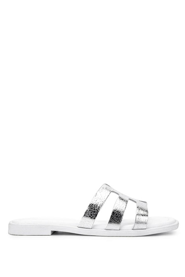  Tamer Tanca Kadın Hakiki Deri Beyaz/Lame Düz Terlik