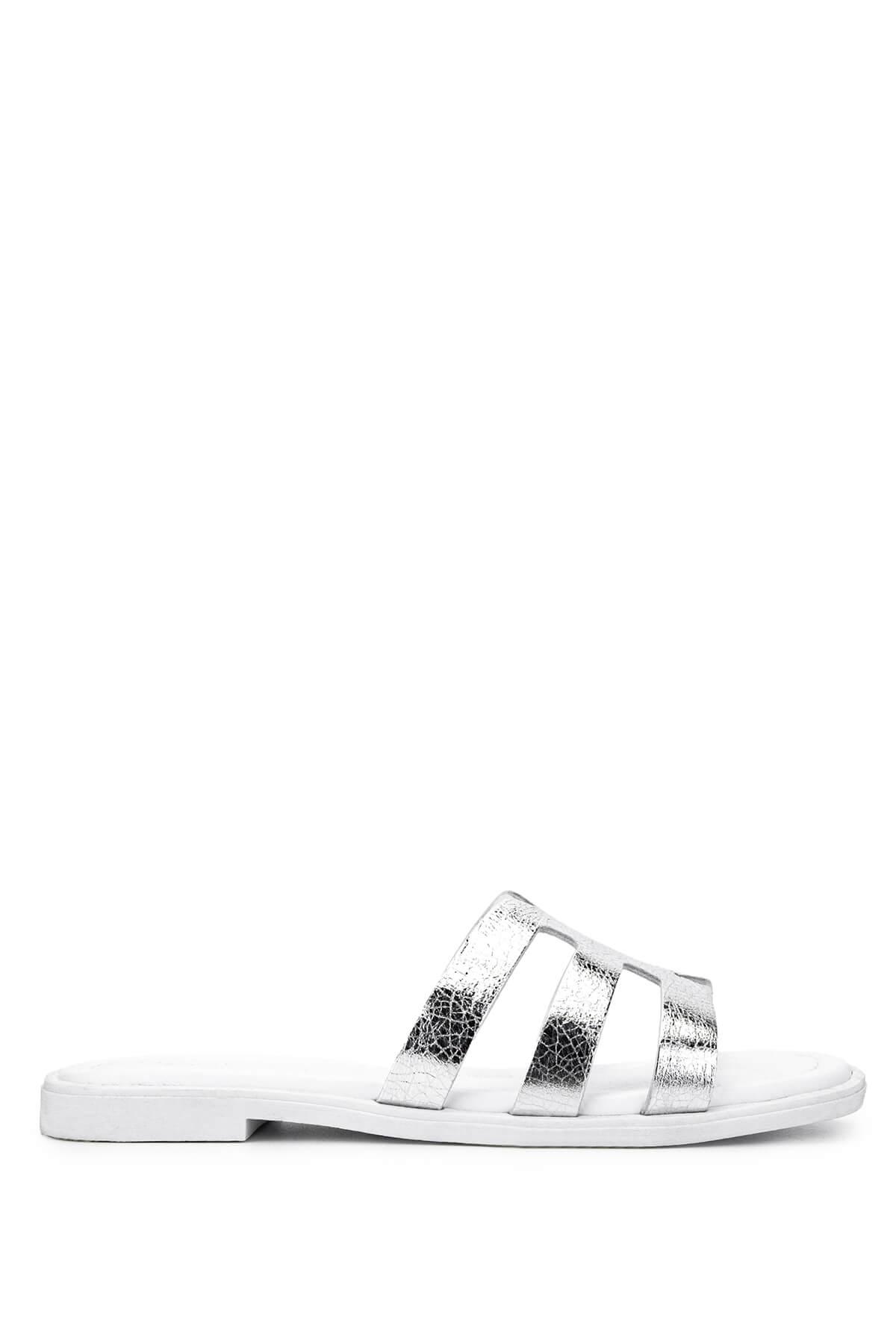  Tamer Tanca Kadın Hakiki Deri Beyaz/Lame Düz Terlik