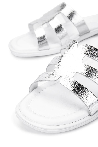  Tamer Tanca Kadın Hakiki Deri Beyaz/Lame Düz Terlik