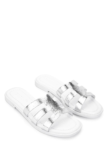  Tamer Tanca Kadın Hakiki Deri Beyaz/Lame Düz Terlik