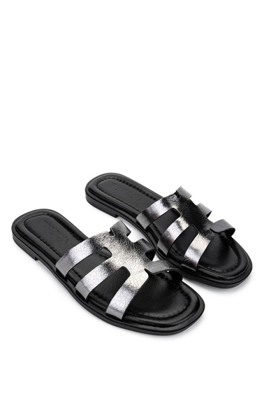  Tamer Tanca Kadın Hakiki Deri Siyah/Antrasit Düz Terlik