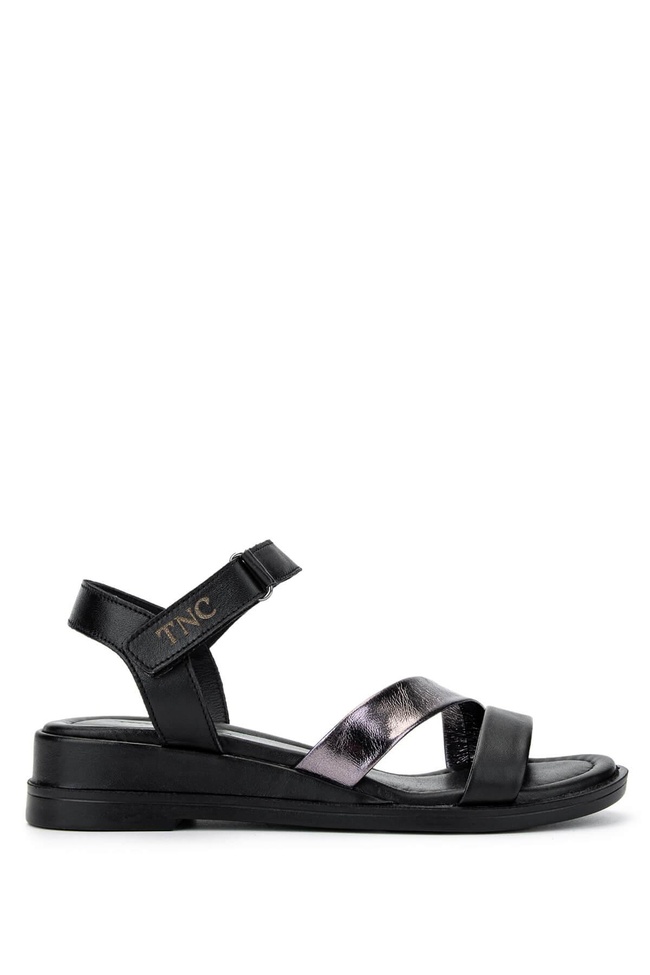  Tamer Tanca Kadın Hakiki Deri Siyah/Antrasit Topuklu Sandalet