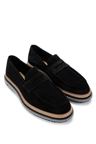 Tamer Tanca Erkek Hakiki Deri Siyah Süet Loafer Ayakkabı