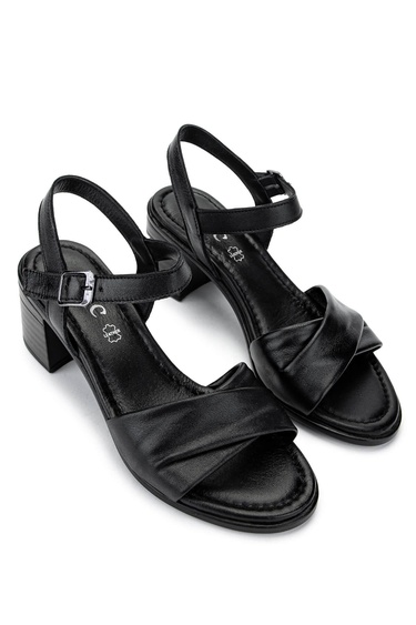  Tamer Tanca Kadın Hakiki Deri Siyah Deri Topuklu Sandalet