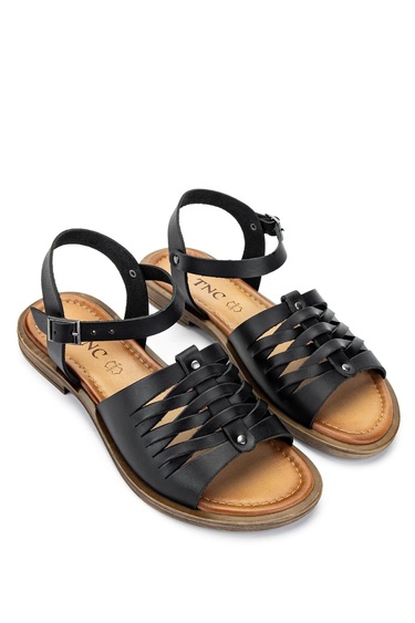  Tamer Tanca Kadın Hakiki Deri Siyah Deri Düz Sandalet