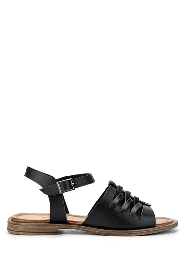  Tamer Tanca Kadın Hakiki Deri Siyah Deri Düz Sandalet
