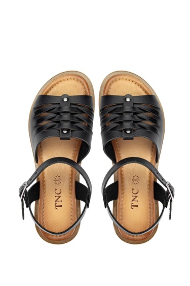  Tamer Tanca Kadın Hakiki Deri Siyah Deri Düz Sandalet