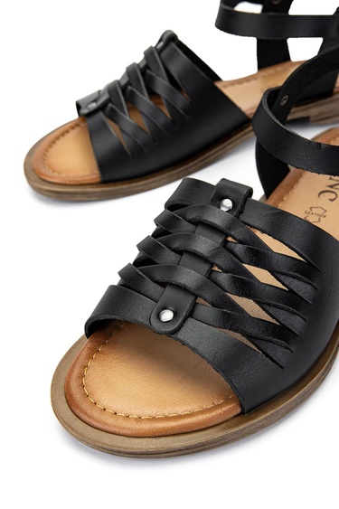  Tamer Tanca Kadın Hakiki Deri Siyah Deri Düz Sandalet