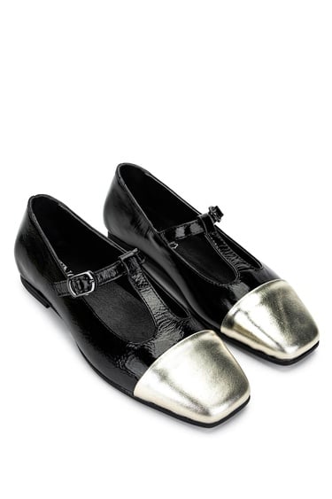  Tamer Tanca Kadın Hakiki Deri Siyah/Dore  Babet Ayakkabı