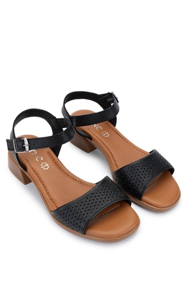  Tamer Tanca Kadın Hakiki Deri Siyah Deri Topuklu Sandalet