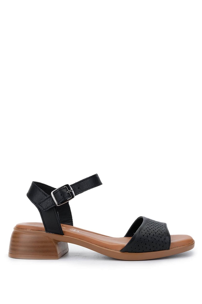  Tamer Tanca Kadın Hakiki Deri Siyah Deri Topuklu Sandalet