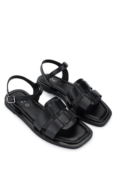  Tamer Tanca Kadın Hakiki Deri Siyah Düz Sandalet