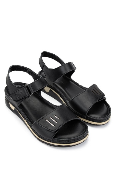  Tamer Tanca Kadın Hakiki Deri Siyah Deri Düz Sandalet