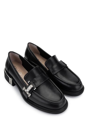  Tamer Tanca Kadın Hakiki Deri Siyah Deri Loafer Ayakkabı