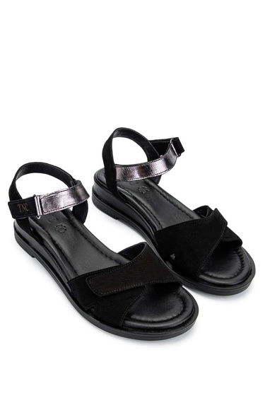  Tamer Tanca Kadın Hakiki Deri Siyah Süet Topuklu Sandalet