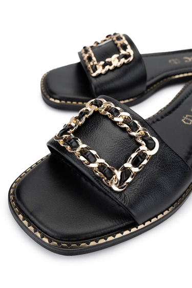  Tamer Tanca Kadın Hakiki Deri Siyah Deri Düz Terlik