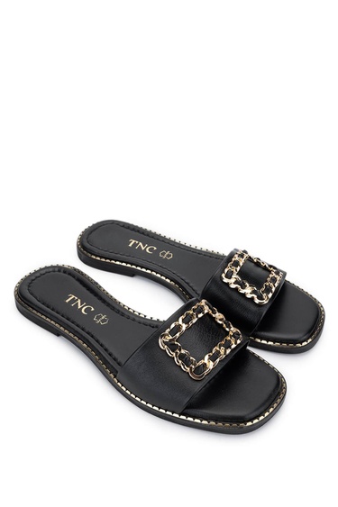  Tamer Tanca Kadın Hakiki Deri Siyah Deri Düz Terlik