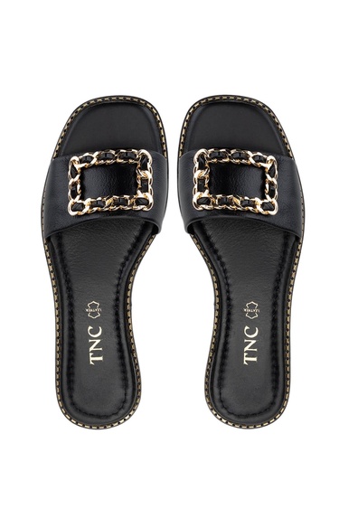  Tamer Tanca Kadın Hakiki Deri Siyah Deri Düz Terlik