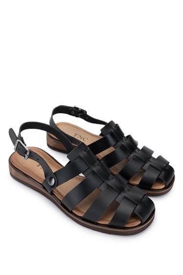  Tamer Tanca Kadın Hakiki Deri Siyah Deri Düz Sandalet