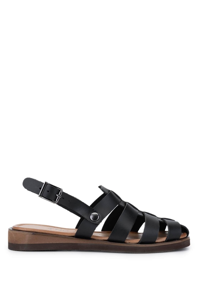  Tamer Tanca Kadın Hakiki Deri Siyah Deri Düz Sandalet