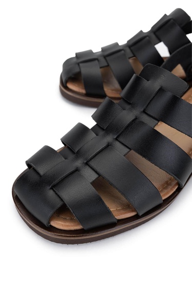  Tamer Tanca Kadın Hakiki Deri Siyah Deri Düz Sandalet