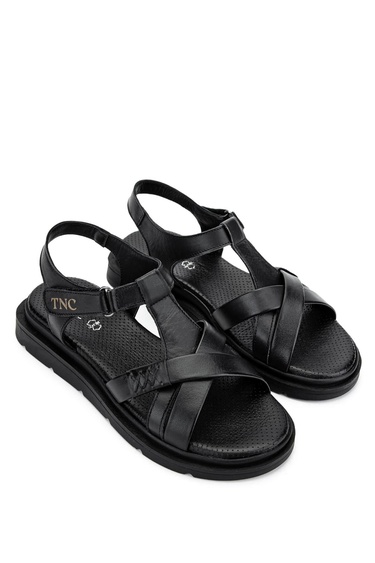  Tamer Tanca Kadın Hakiki Deri Siyah Deri Düz Sandalet