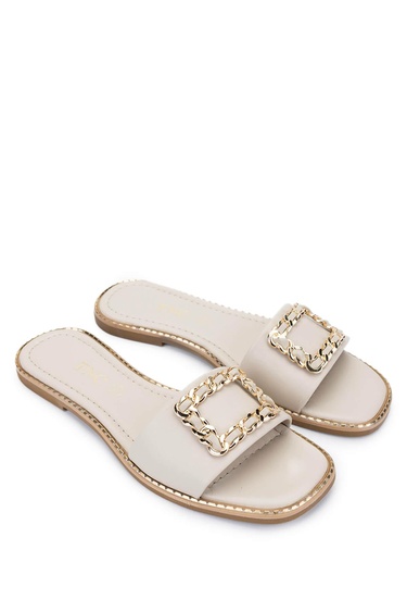  Tamer Tanca Kadın Hakiki Deri Kırık Beyaz Düz Terlik