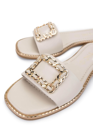  Tamer Tanca Kadın Hakiki Deri Kırık Beyaz Düz Terlik