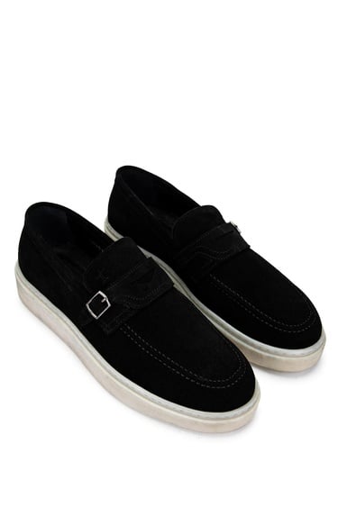  Tamer Tanca Erkek Hakiki Deri Siyah Süet Loafer Ayakkabı