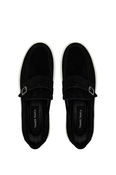  Tamer Tanca Erkek Hakiki Deri Siyah Süet Loafer Ayakkabı