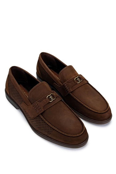  Tamer Tanca Erkek Hakiki Deri Kahverengi Nubuk Loafer Ayakkabı