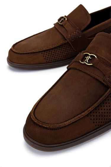  Tamer Tanca Erkek Hakiki Deri Kahverengi Nubuk Loafer Ayakkabı