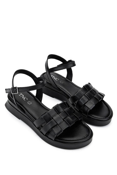  Tamer Tanca Kadın Hakiki Deri Siyah Deri Düz Sandalet