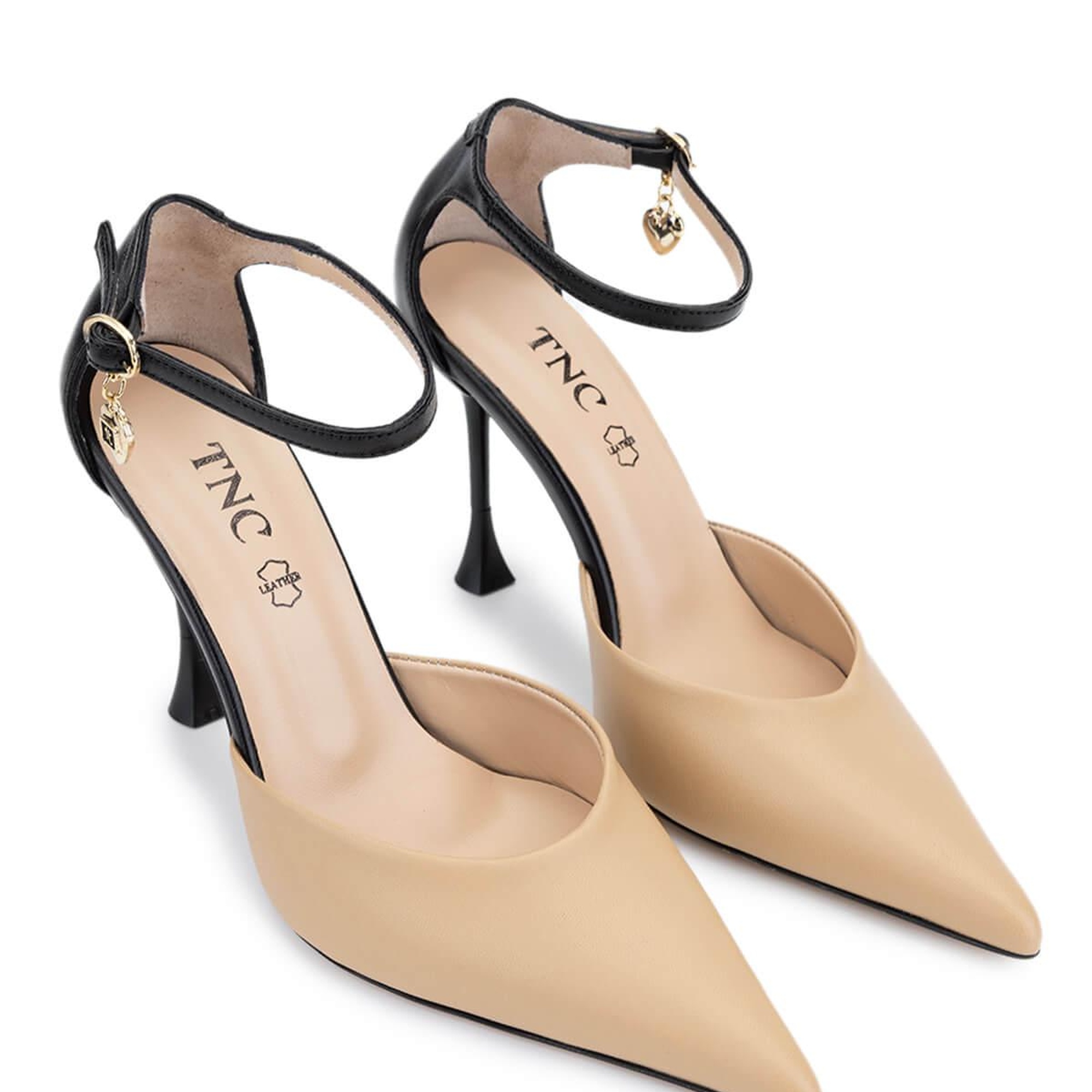 Tamer Tanca Kadın Hakiki Deri Bej/Siyah Topuklu Ayakkabı
