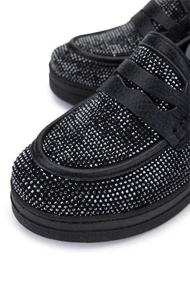  Tamer Tanca Kadın Hakiki Deri Siyah Taşlı Loafer Ayakkabı