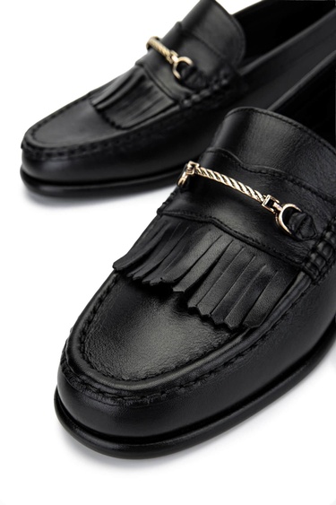  Tamer Tanca Kadın Hakiki Deri Siyah Deri Loafer Ayakkabı