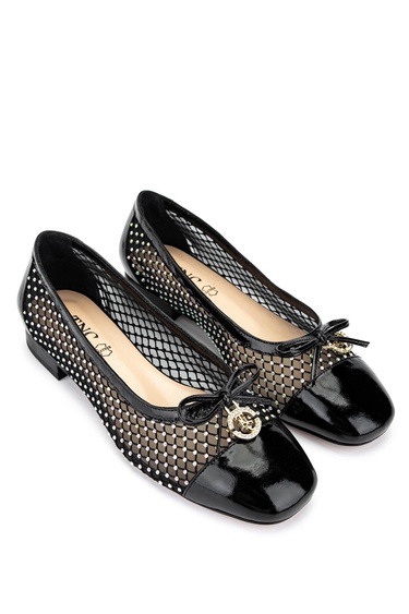  Tamer Tanca Kadın Deri & Tekstil Siyah Rugan Babet Ayakkabı