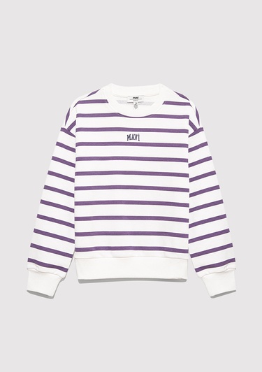  Mavi Mavi Logo Baskılı Mor Çizgili Sweatshirt 7S10038-88138