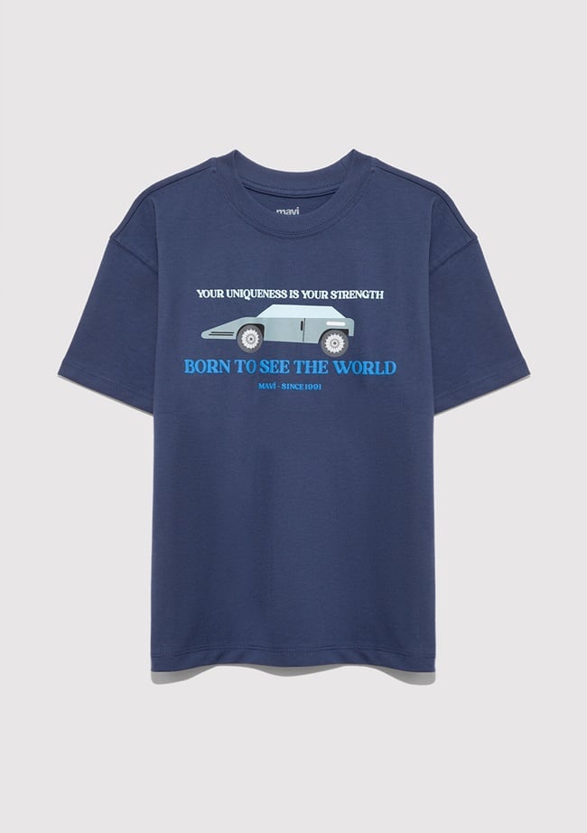  Mavi Baskılı Lacivert Tişört Oversize / Geniş Kesim 6610363-87737