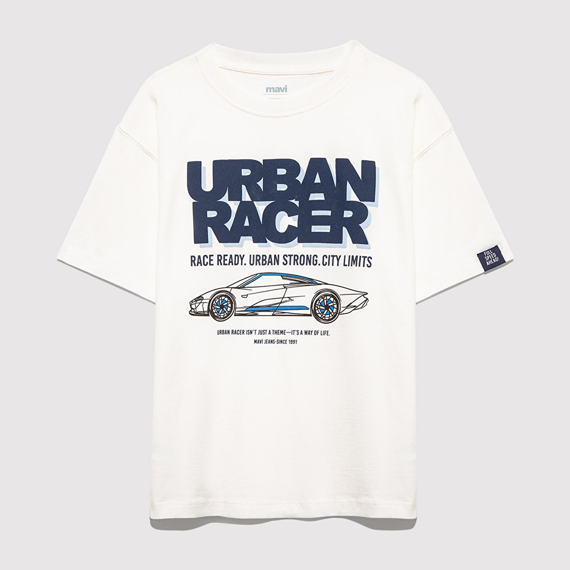 Mavi Baskılı Ekru Tişört Oversize / Geniş Kesim 6610364-70057