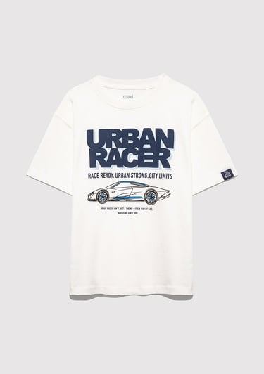  Mavi Baskılı Ekru Tişört Oversize / Geniş Kesim 6610364-70057