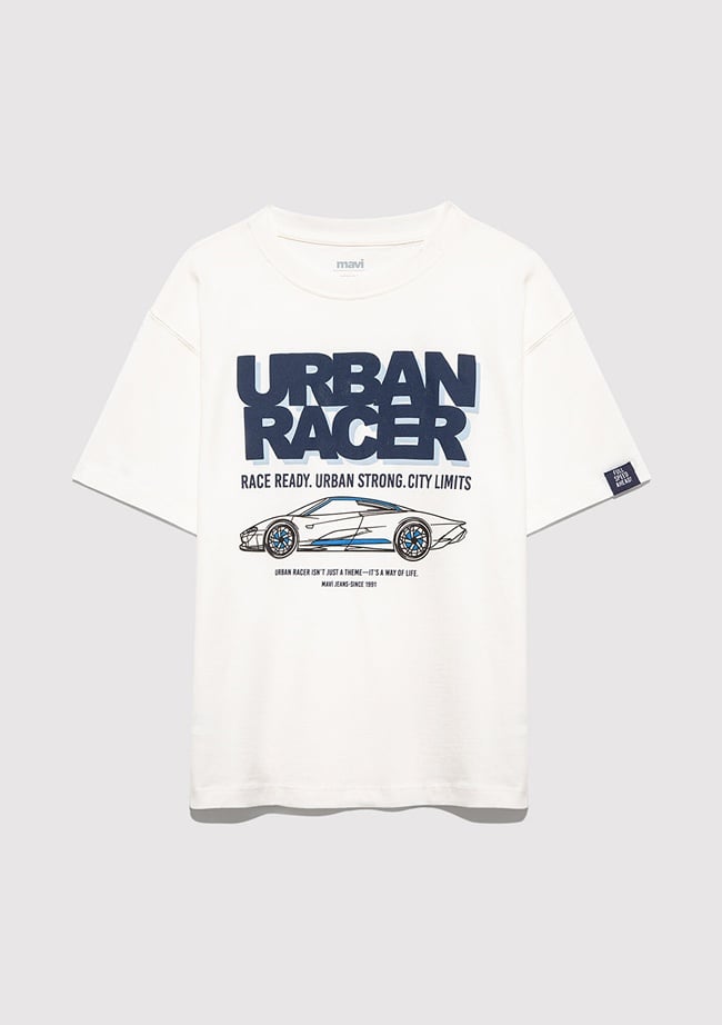  Mavi Baskılı Ekru Tişört Oversize / Geniş Kesim 6610364-70057