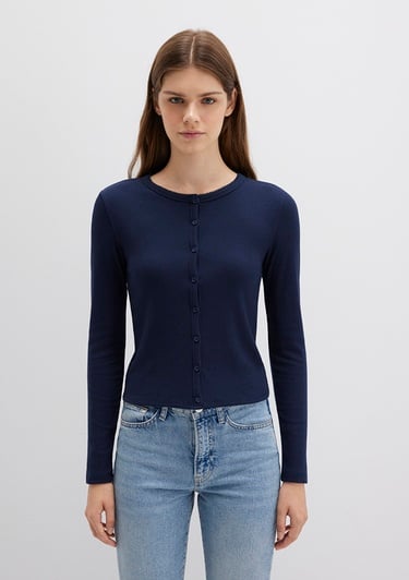  Mavi Düğme Detaylı Lacivert Uzun Kollu Tişört Fitted / Vücuda Oturan Kesim 1613330-82318
