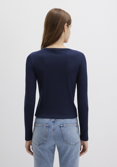  Mavi Düğme Detaylı Lacivert Uzun Kollu Tişört Fitted / Vücuda Oturan Kesim 1613330-82318