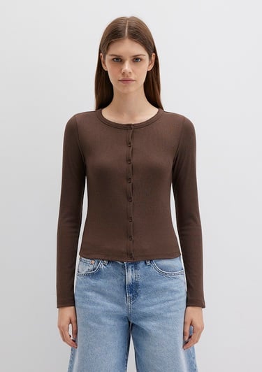  Mavi Düğme Detaylı Kahverengi Uzun Kollu Tişört Fitted / Vücuda Oturan Kesim 1613330-88067