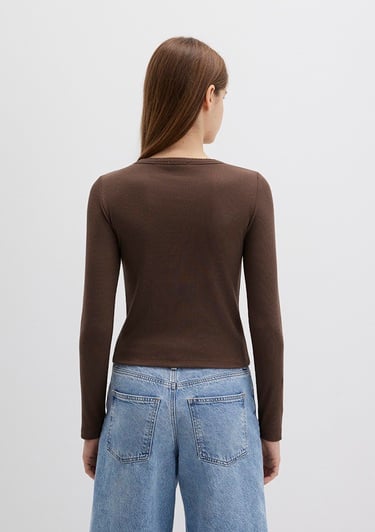  Mavi Düğme Detaylı Kahverengi Uzun Kollu Tişört Fitted / Vücuda Oturan Kesim 1613330-88067