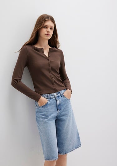  Mavi Düğme Detaylı Kahverengi Uzun Kollu Tişört Fitted / Vücuda Oturan Kesim 1613330-88067