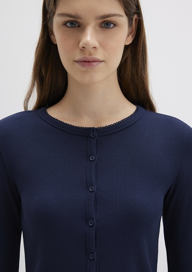 Mavi Düğme Detaylı Lacivert Uzun Kollu Tişört Fitted / Vücuda Oturan Kesim 1613330-82318