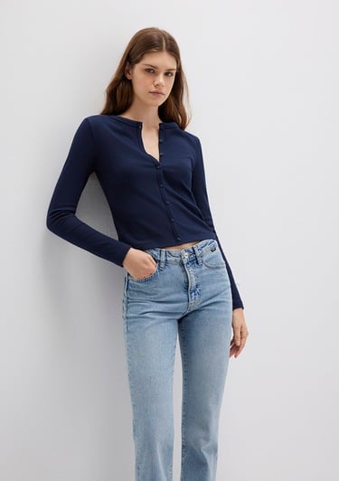  Mavi Düğme Detaylı Lacivert Uzun Kollu Tişört Fitted / Vücuda Oturan Kesim 1613330-82318