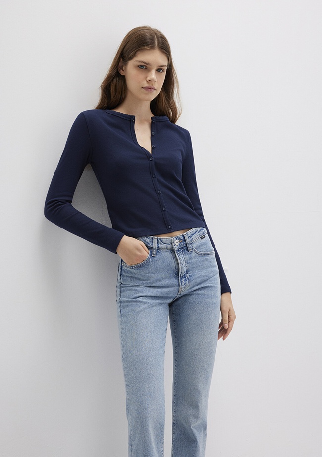  Mavi Düğme Detaylı Lacivert Uzun Kollu Tişört Fitted / Vücuda Oturan Kesim 1613330-82318